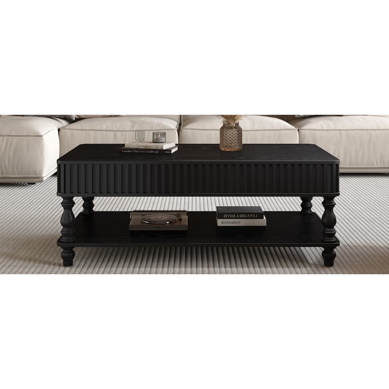 47.24" Lift Top Coffee Table with Storage, Solid Wood Black Finish & Fluted Roman Columns, Modern Lift-Top Desk