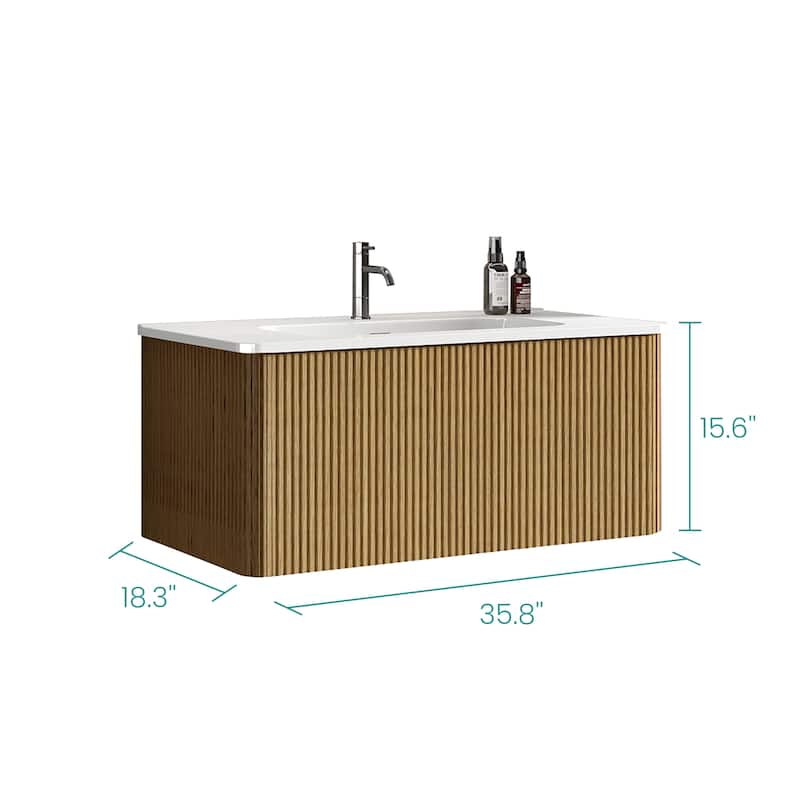 36"Striped Bathroom Vanity with White Ceramic Sink, Wall Mounted Floating Bathroom Vanity, One-Piece White Basin without Drain