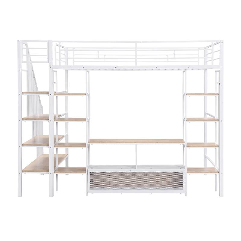 Full Size Metal Loft Bed with Storage Staircase & Work Table (250lb Capacity)