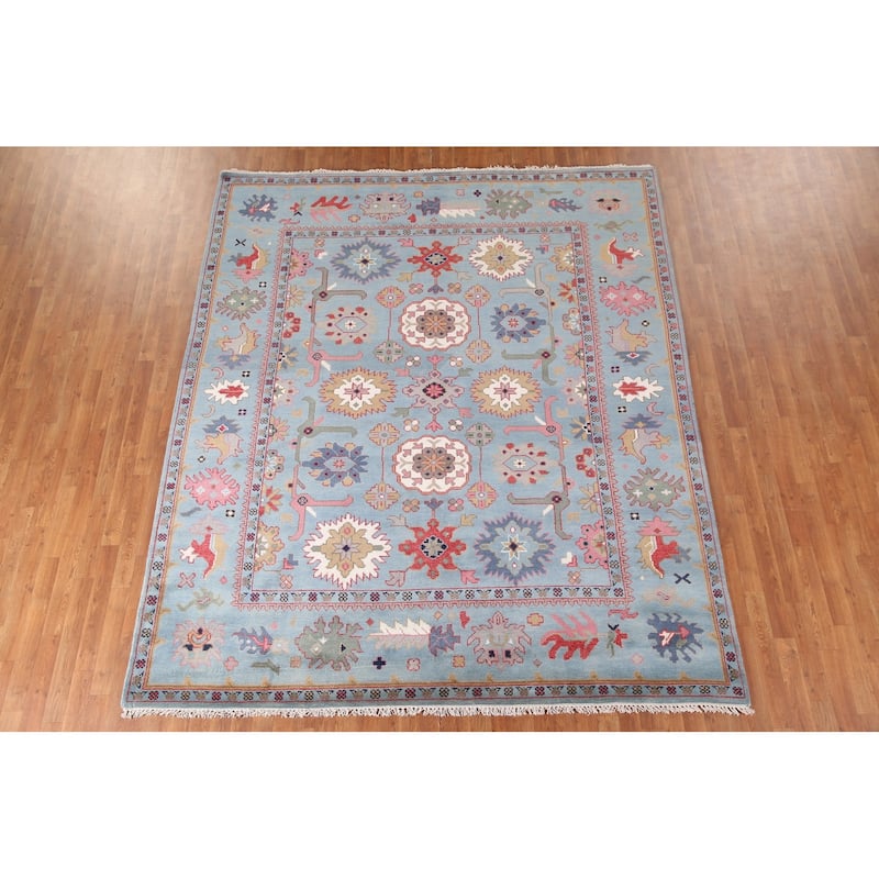 Light Blue Oushak Area Rug Hand-Knotted Oriental Wool Carpet - 8'3"x 9'10"