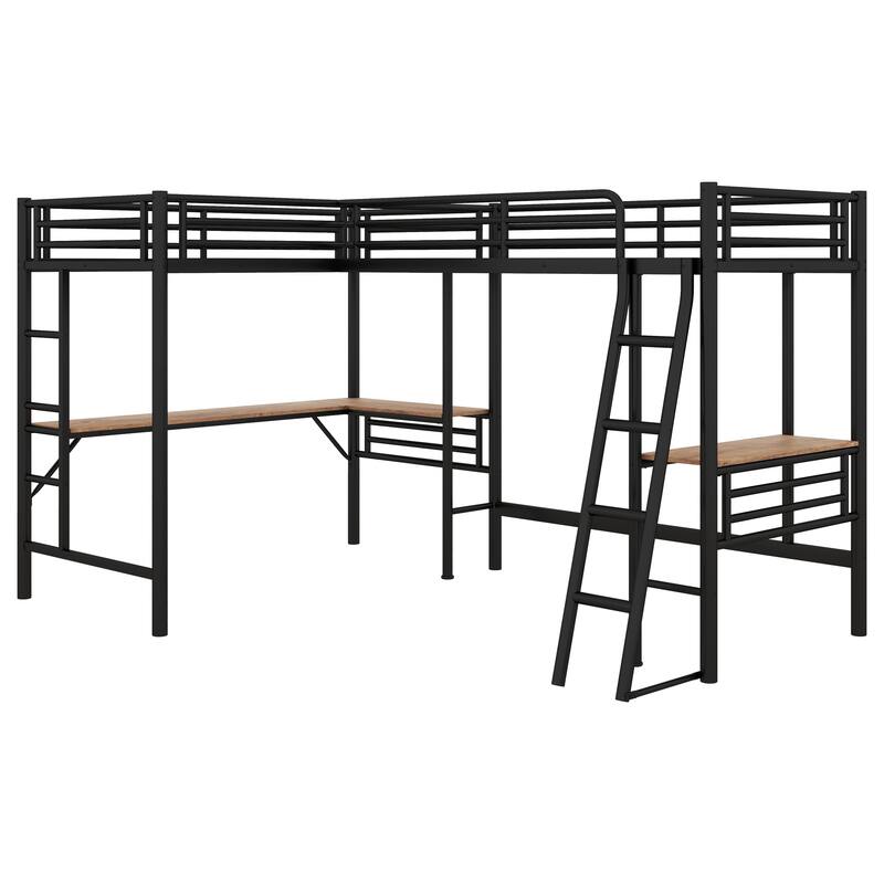 Black Twin Size Double Loft Bed with 2 Built-in Desks, Metal Loft Bed Frame with Safety Guardrails, Space-Saving Noise Free