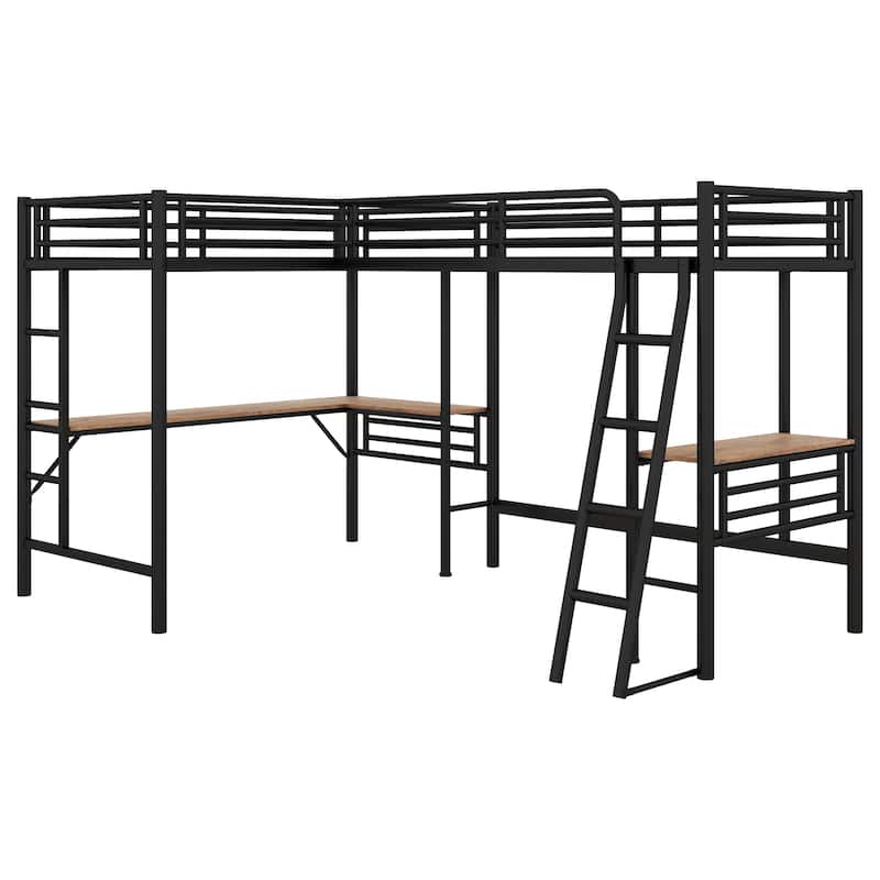 Twin Size L Shaped Loft Bed with 2 Desk, Heavy-Duty Steel Bed Frame with Safety Guardrails & 2 Ladders for Kids Teens Girls Boys