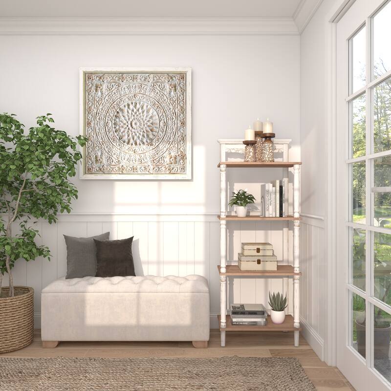 White Wood Intricately Carved 4 Shelves Floral Shelving Unit