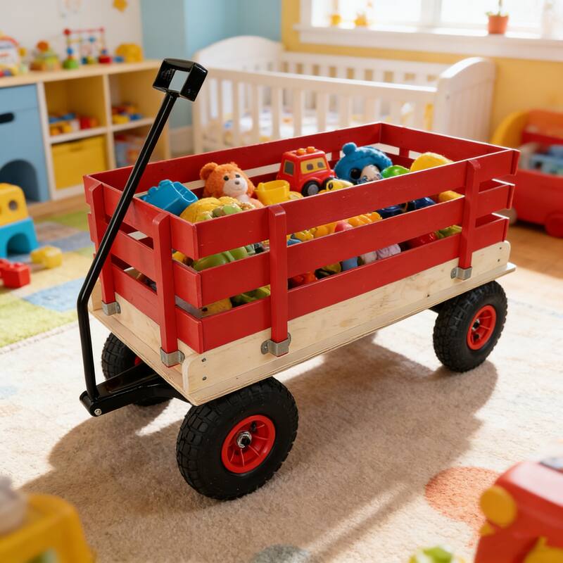 All-Terrain Wooden Carriage - Children's & Garden Cart with Inflatable Wheels, Red & Natural
