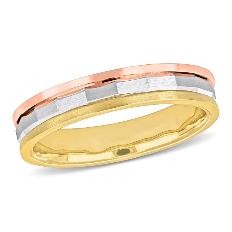 Miadora 4mm Hammered and Brushed Finish Wedding Band in 3-Tone 14k Gold