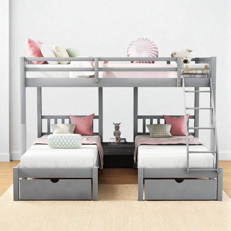 Full Over Twin & Twin Triple Bunk Bed with Drawers, Wooden 3 Beds in 1 with Guardrails and Storage