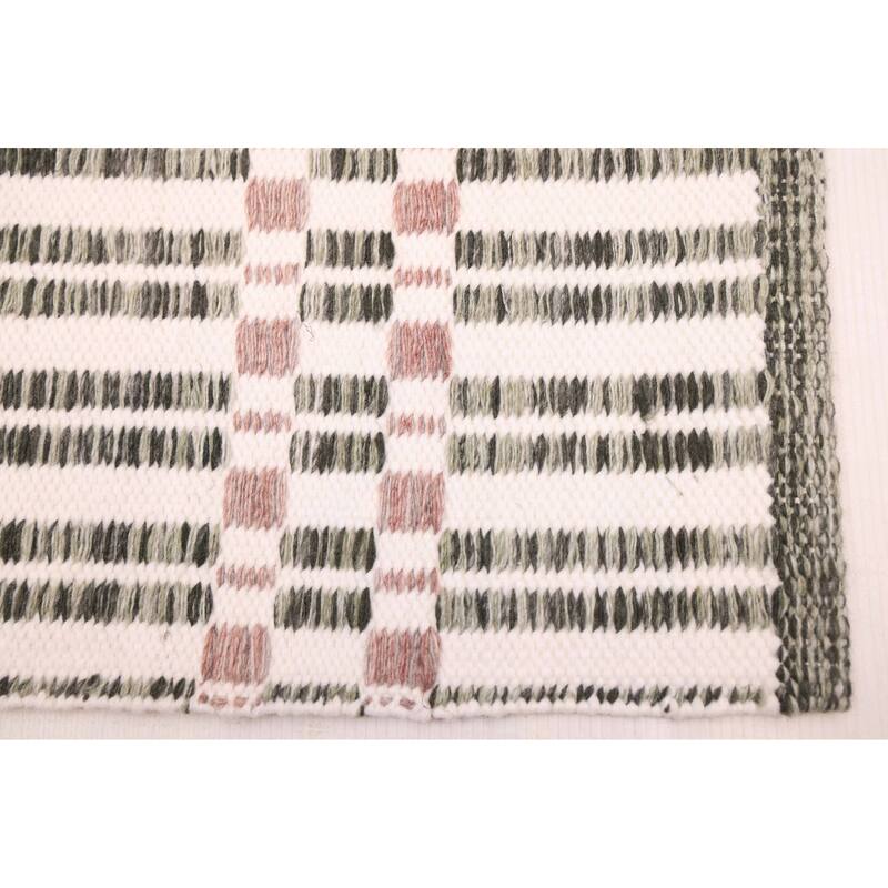 ECARPETGALLERY Flat-Weave Nevada Dark Green, Ivory Wool Kilim - 5'2 x 7'7