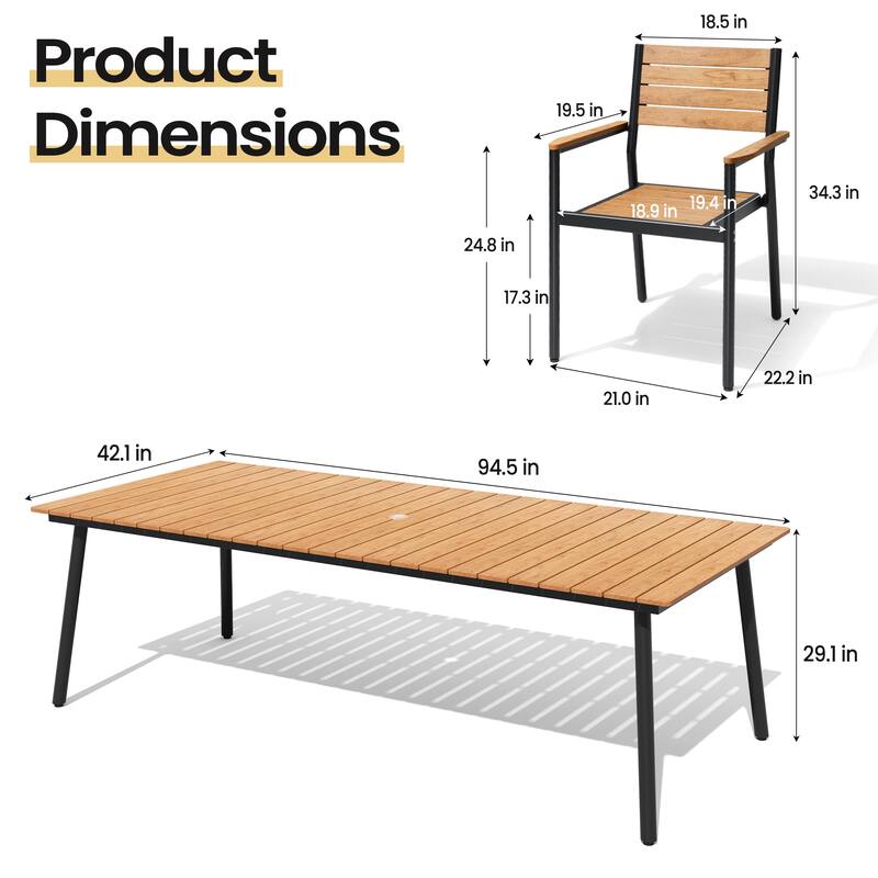 11PC Outdoor Patio Dining Set Aluminum Umbrella Hole Wood Like Table with Stackable Armrest Chairs