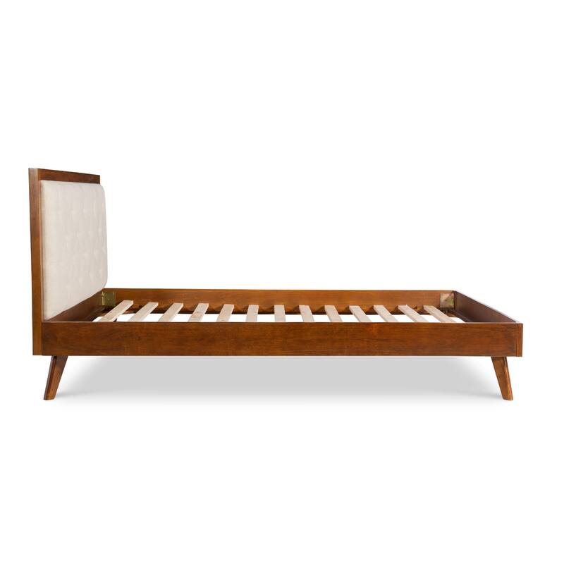 84.25" brown and beige queen size bed frame with upholstered headboard