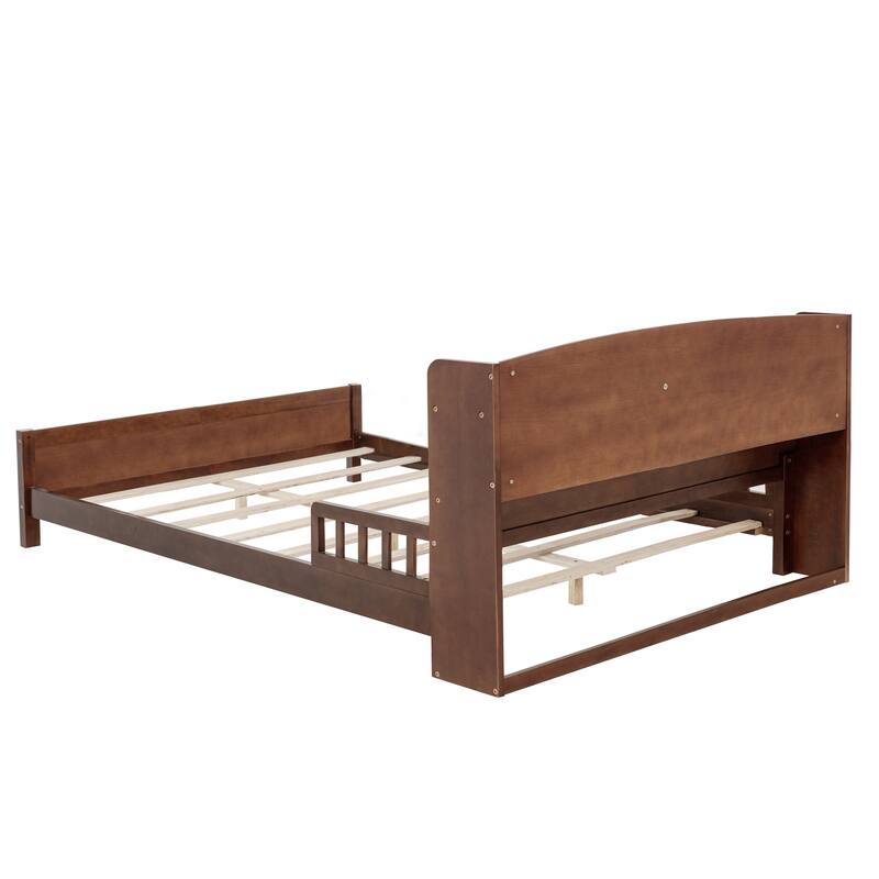 Full Size Pine Bed w/ Bookcase Headboard ,LED Sensor Light, Guardrails