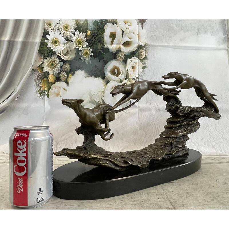 Bronze Sculpture 3 Wild Dogs Running Greyhound Dog Marble Base Figurine Signed Original 10 Inches X 20 Inches