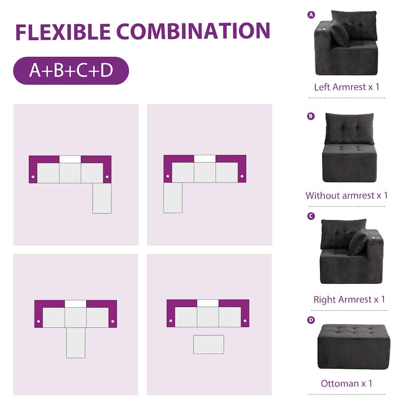 Corduroy Modular Sectional Sofa - 35.8"D x 101"W x 26.3"H