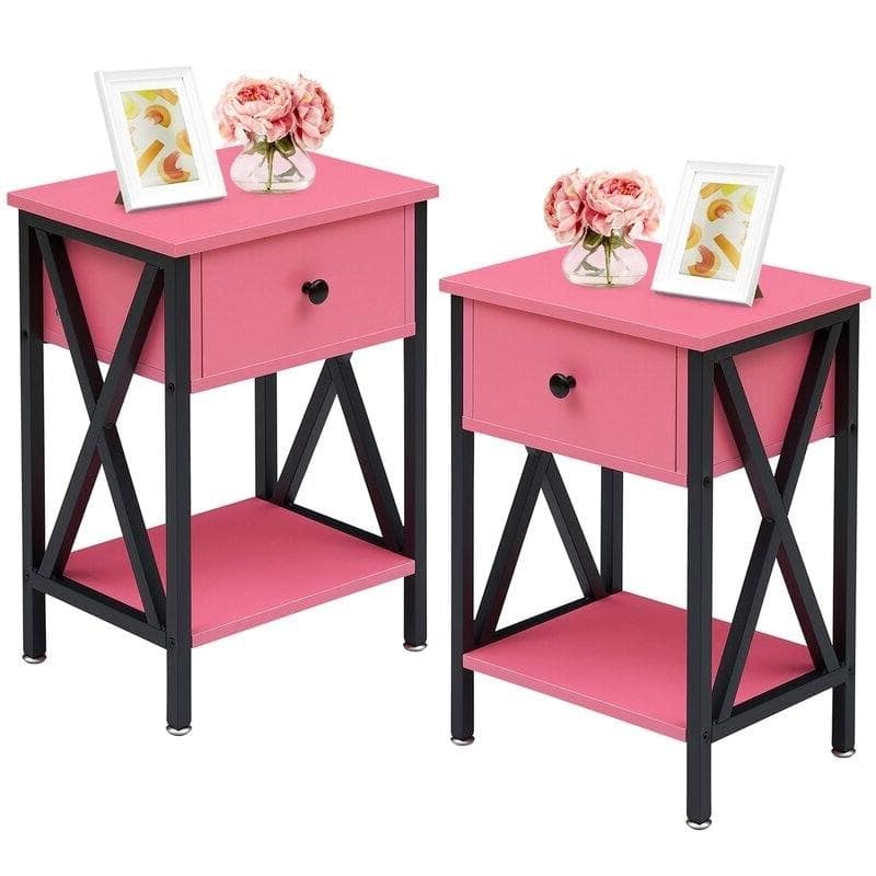 Set of 2 Bedroom Nightstands with Steel Frame and Drawer - Pink