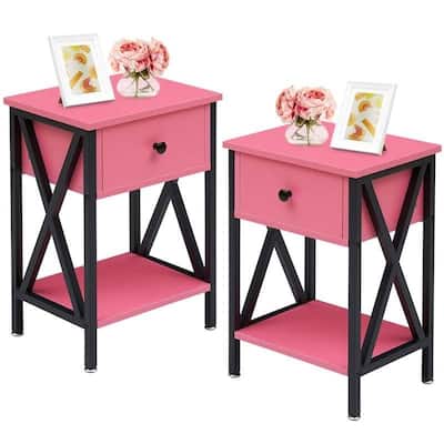 Set of 2 Bedroom Nightstands with Steel Frame and Drawer
