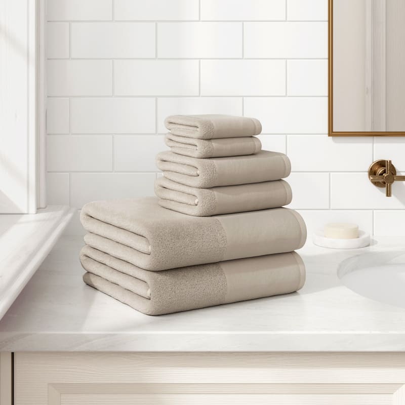 Linery & Co. Ultra-Soft Cotton and Linen Like Border Towel Set - Stone - 6 Piece Set