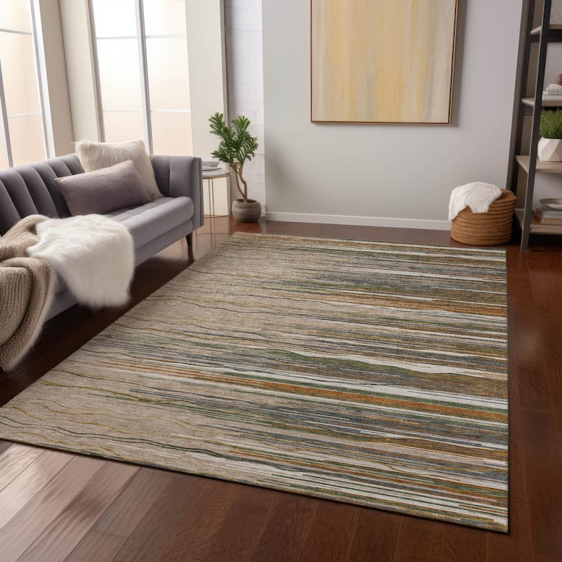 Machine Washable Indoor/ Outdoor Modern Stripe Chantille Rug - Taupe - 5' x 7'6"