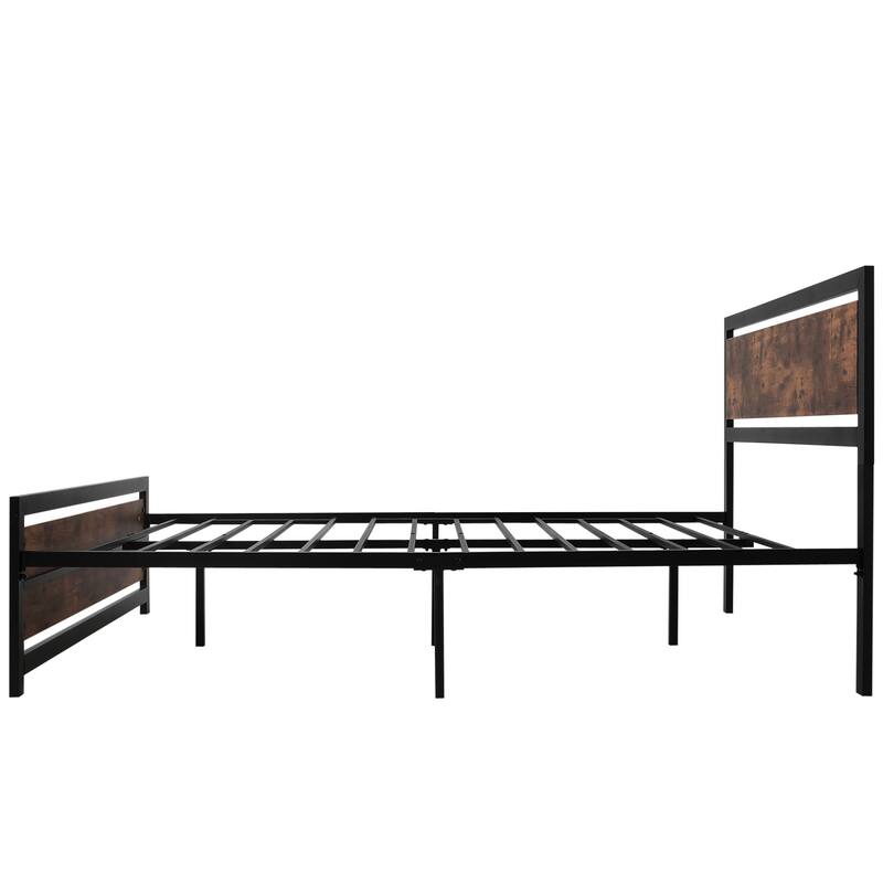 Brown Queen Size Metal Platform Bed with Strong Metal Slat Support,Headboard and Footboard