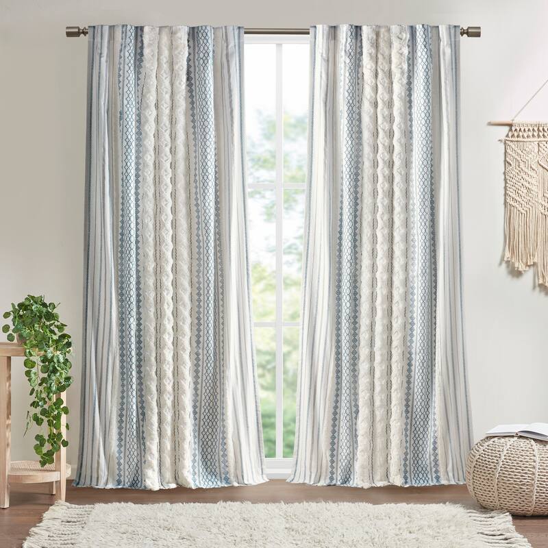 1PC Cotton Printed Curtain Panel with Chenille Stripe and Lining
