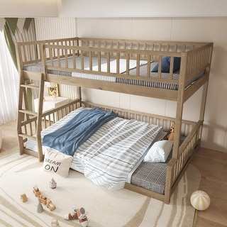 Full XL over Queen Bunk Bed with Ladder and Guardrails Convertible Wooden Bunk Bed Frame for Kids Teens, No Box Spring Needed