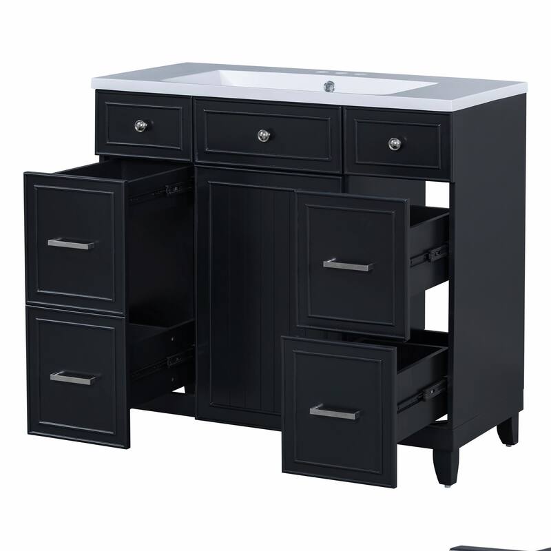 36" Bathroom Vanity with Ceramic Sink, Blue, Solid Wood Frame, Soft-Close Doors, Adjustable Shelves