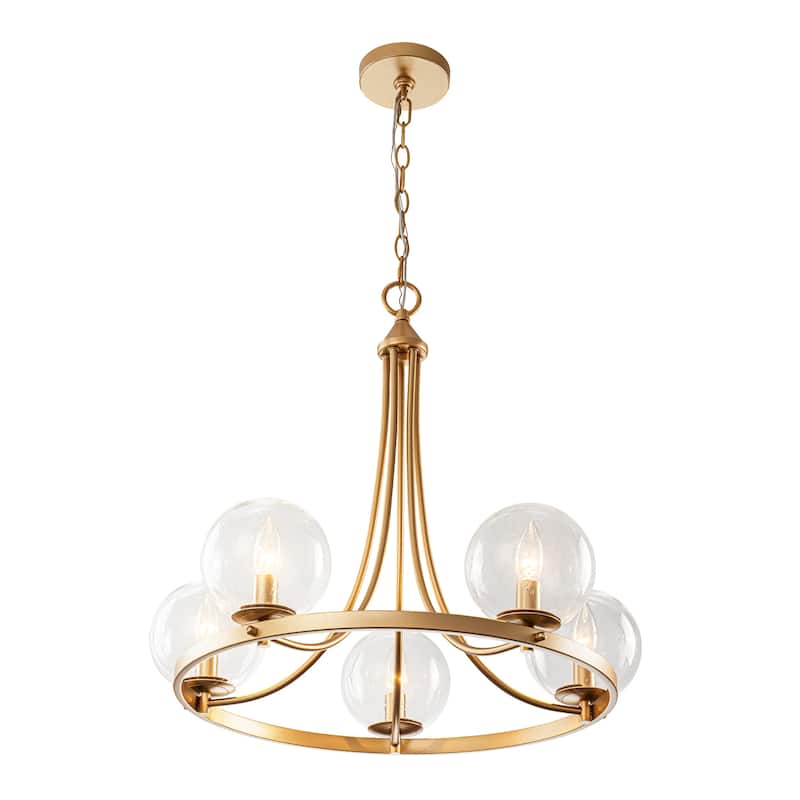 24.4" W 5-Light Mid-Century Modern Gold Wagon Wheel Ring Chandelier with Seeded Glass Globe Shades for Living & Dining Room