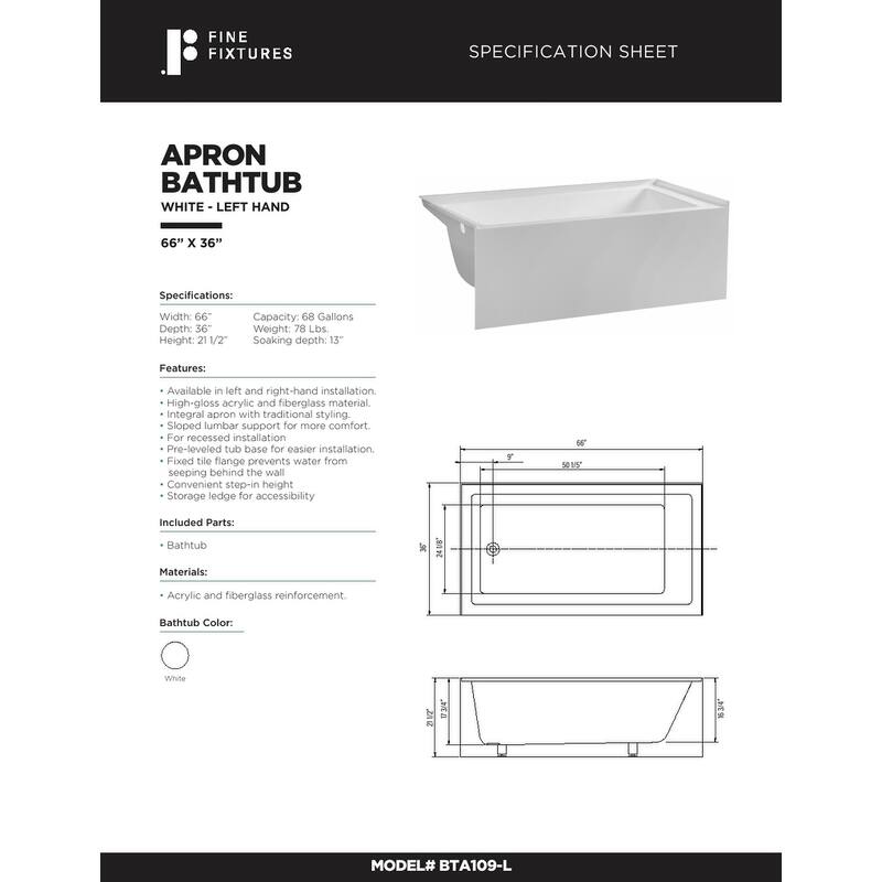 Fine Fixtures Acrylic-Fiberglass Soaking Bathtub, White. Alcove/Apron Front