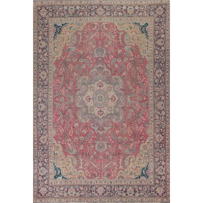 Pink Floral Tabriz Persian Vintage Area Rug Hand-Knotted Wool Carpet - 9'8"x 13'3"