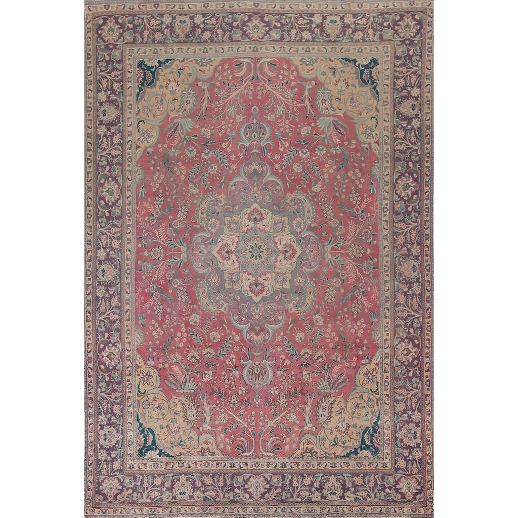 Pink Floral Tabriz Persian Vintage Area Rug Hand-Knotted Wool Carpet - 9'8"x 13'3"