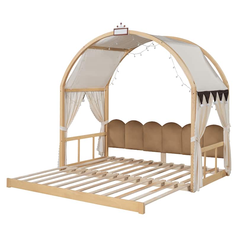 Wood Twin Size Bed Frame with Arched Roof, Floor Bed with Light and Curtain, Pull-out Kids Bed for Girls Boys Bedroom
