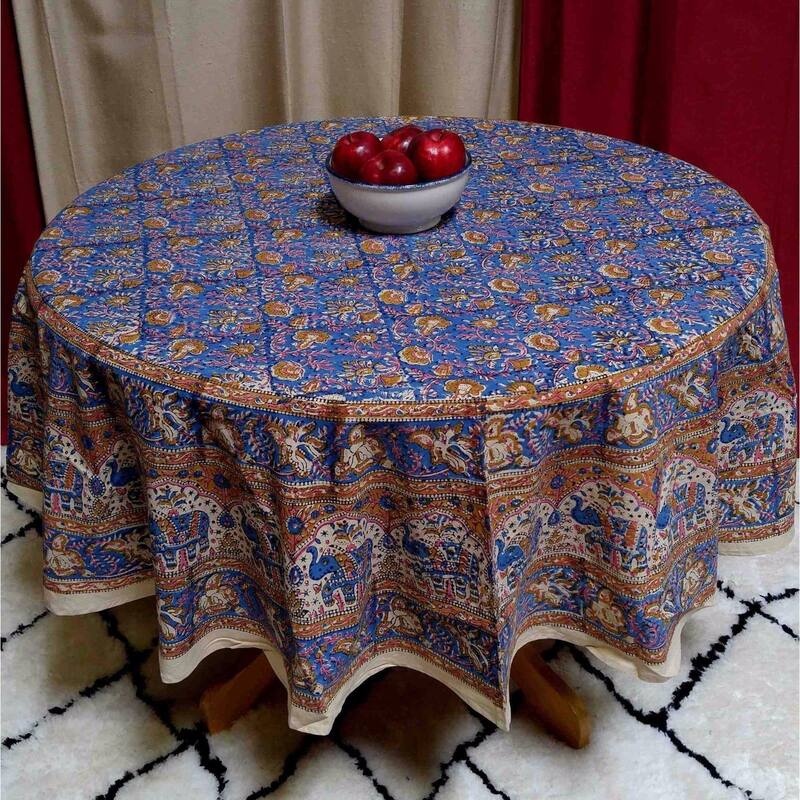 Cotton Hand Block Print Elephant Print Floral Tablecloth Round
