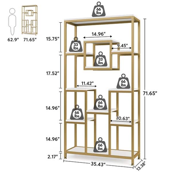 71 Inch Modern Bookcase Shelving Display Rack, White Gold Book Shelves for Home Office, Wood and Metal