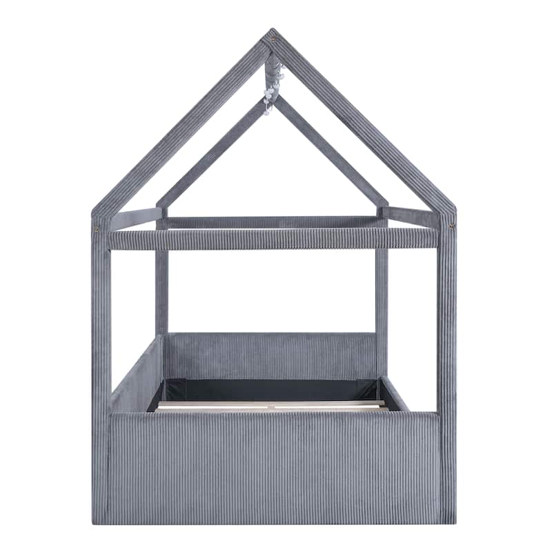 Full Size Upholstered House Bed Frame, Kids Platform Bed with LED Light Strips