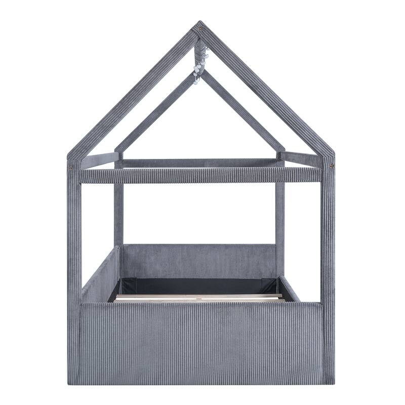 Full Size Upholstered House Daybed with LED Light Strips, Grey