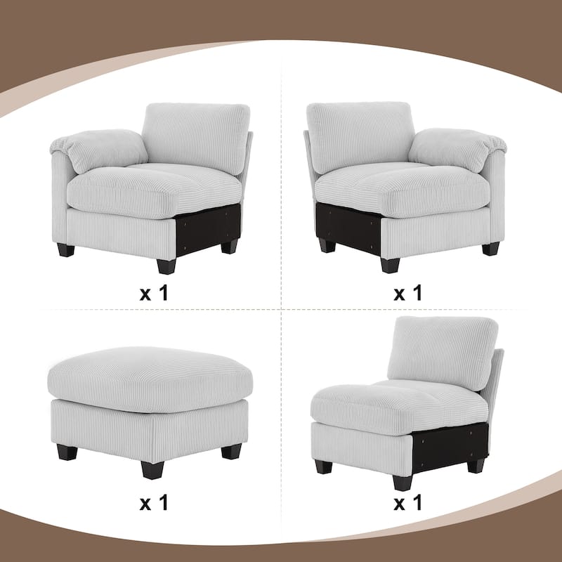 Corduroy Sectional Sofa with a Removable Ottoman, L-shaped Reversible 4-seat Modular Couch