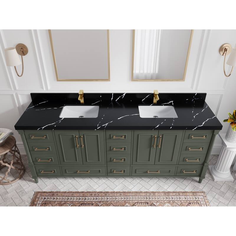Willow Collections 84 in. W x 22 in. D Aberdeen Double Bowl Sink Bathroom Vanity in Pewter Green with Countertop - 2" Calacatta Black - Pewter Green