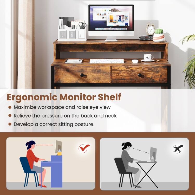 Multifunctional Natural Engineered Wood Extendable Desk with 2 Drawers