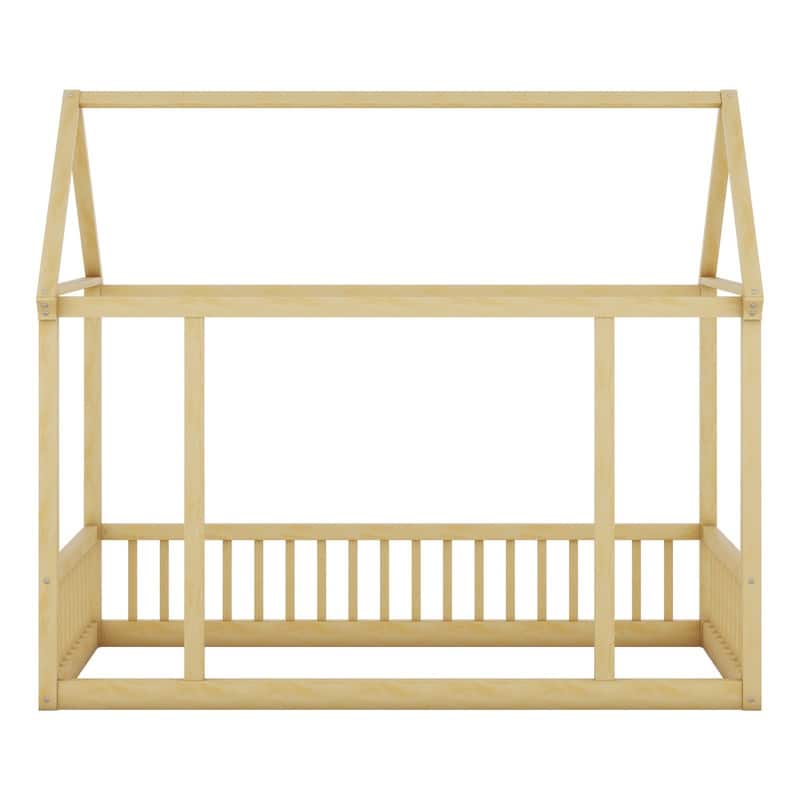 House Floor Bed with House Roof Frame and Safety Guardrails, Twin/Full Size Wooden Floor Montessori Bed House Bed for Kids