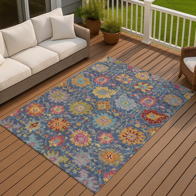 Machine Washable Indoor/ Outdoor Traditional Kashan Chantille Rug - Navy - 10' x 14'