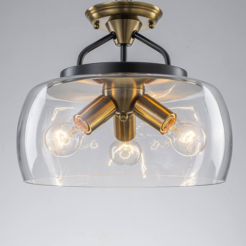 13" W 3-Light Modern Industrial Black Metal Semi-flush Mount Ceiling Light with Clear Dome Glass - 13.8 in. W x 11.4 in. H x 13.8 in. D - Black/Clear/Gold