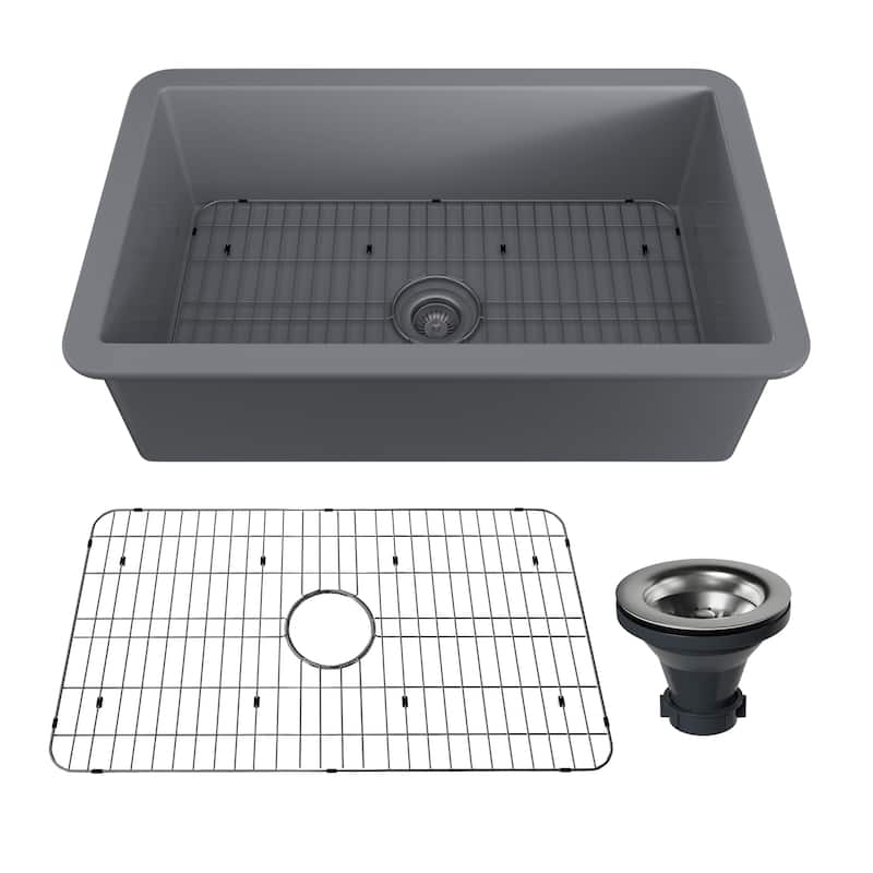 CASAINC Undermount Single Bowl Fireclay Kitchen Sink with Bottom Grid and Strainer, cUPC Certified