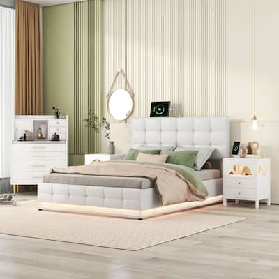 4-Pieces Bedroom Sets Queen Size Upholstered Bed with LED Lights ,2 Nightstands with LED lights,Vanity with Retractable Table