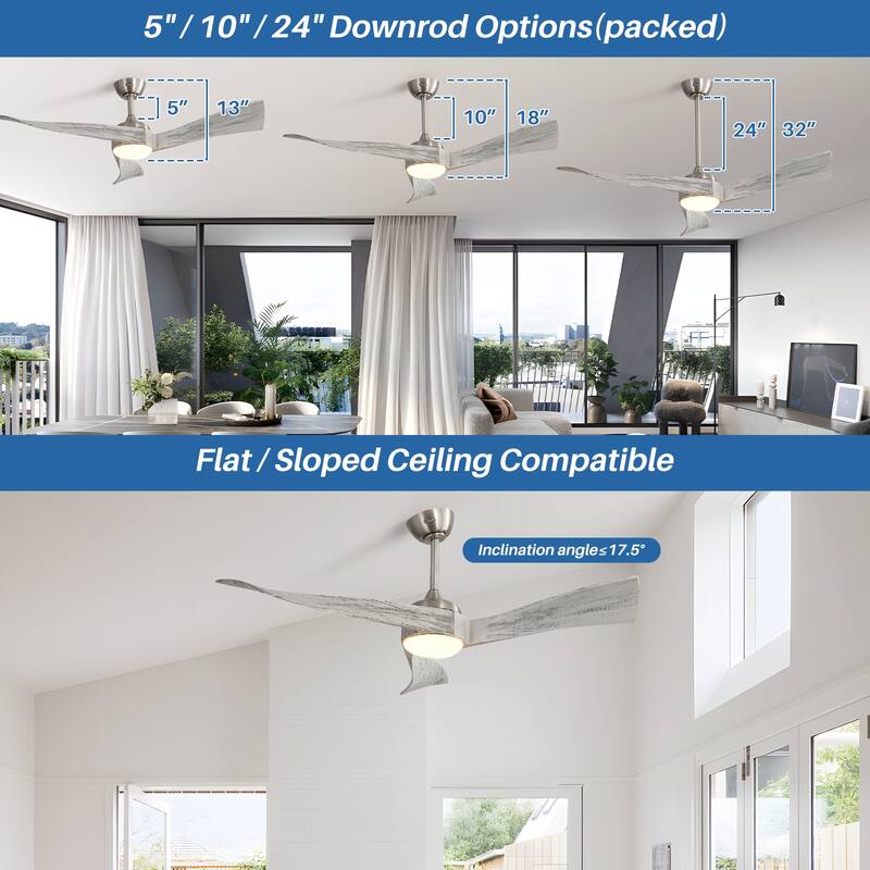 52" Wood 3-Blade Ceiling Fans with Dimmable LED Light and Remote, 6-Speed Reversible DC Motor - 52 inch