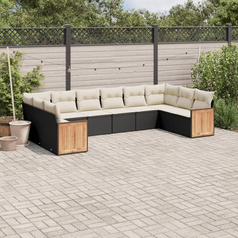 vidaXL Patio Sofa Set with Cushions Outdoor Conversation Furniture Poly Rattan - Black and cream without table - 24.4 x 24.4 x 27.2 in