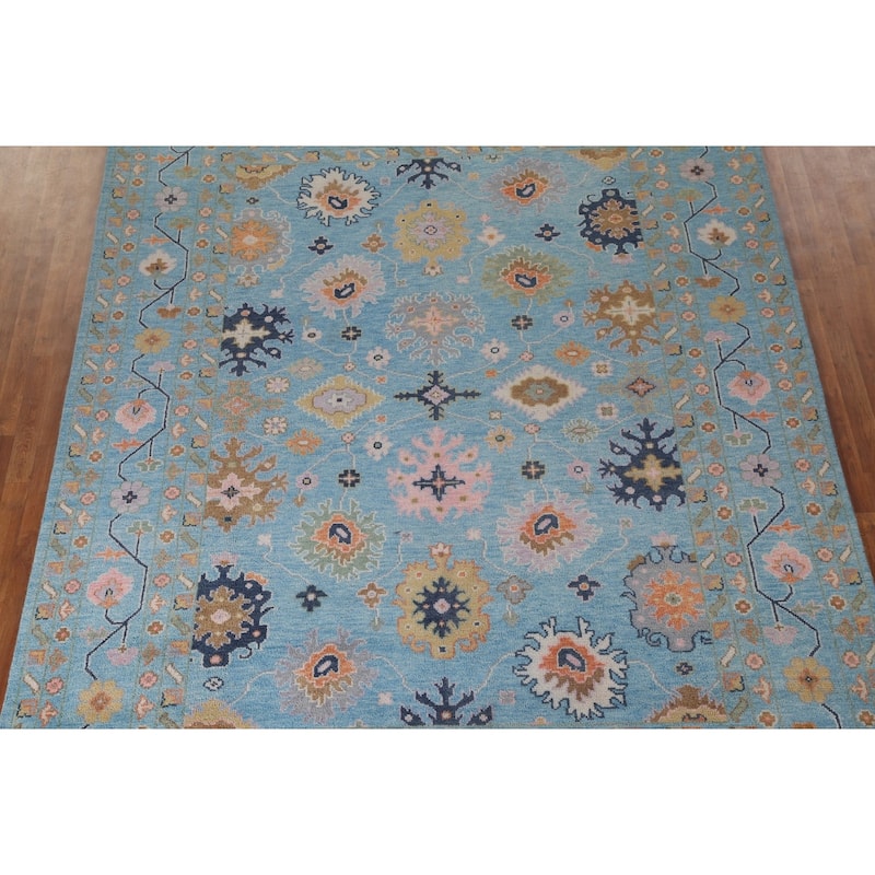 All-Over Blue Floral Oushak Indian Area Rug Handmade Wool Carpet - 8'9"x 12'0"