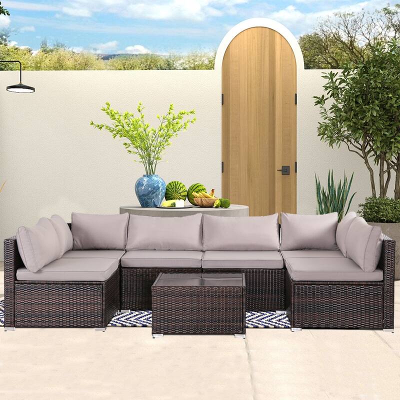 7-Piece Wicker Patio Conversation Set with Cushions - brown/grey