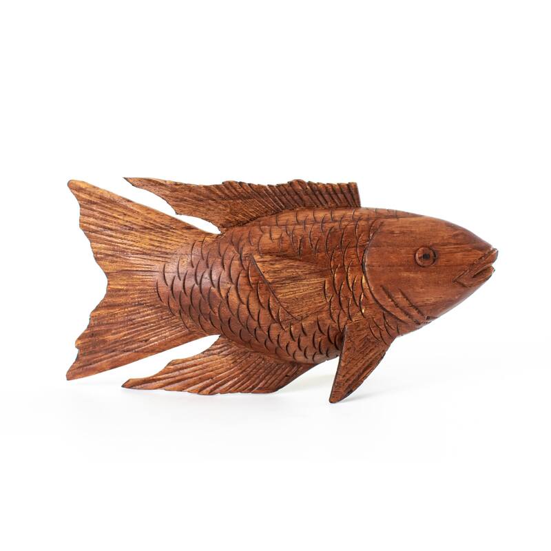 Wooden Hand Carved Koi Fish Statue Figurine Sculpture Art Home Decor Accent Handmade Handcrafted Seaside Tropical Nautical