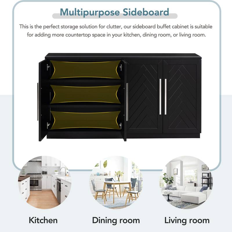 Sideboard with 4 Doors Large Storage Space Buffet Cabinet with Adjustable Shelves and Silver Handles for Kitchen