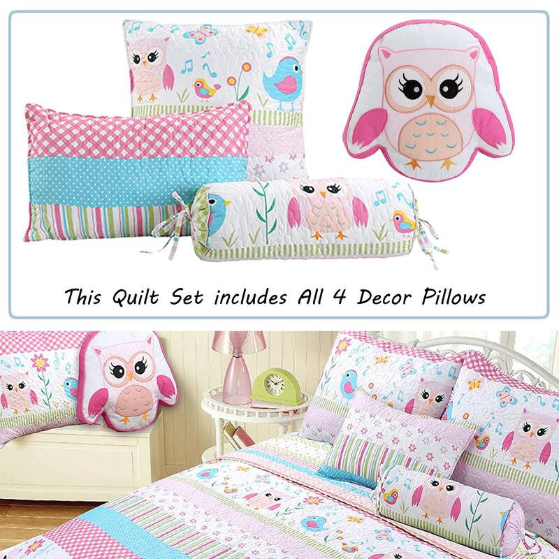 Cozy Line Spring Time Birds Owl Floral Pink Quilt Bedding Set with Throw Pillows