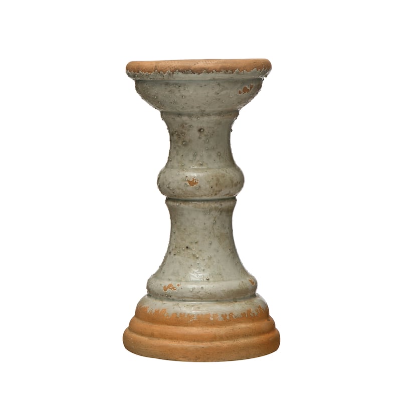 2-Tone Terracotta Pillar Candle Holder - 5.1"L x 5.1"W x 9.7"H - Grey - 5.1"L x 5.1"W x 9.7"H