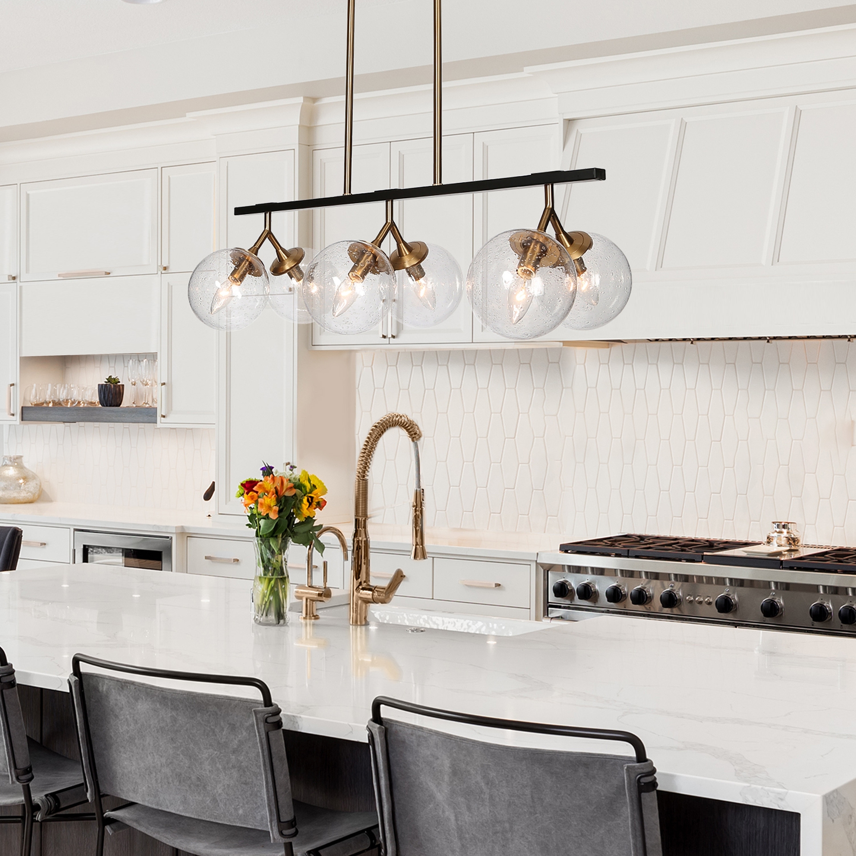 Modern Glam 6 Light Linear Chandeliers Orb Kitchen Island Lights with Globe Glass Shade L 28.5 x W 11.5 x H 72.5 Black Gold